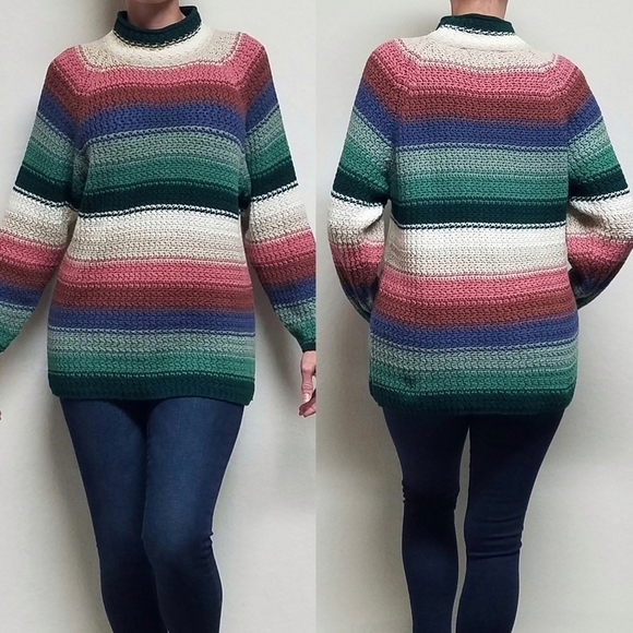 VINTAGE 80s Pastel Stripe Chunky Knit Mock Neck Cropped Sweater Paris Sport Club - Picture 1 of 14